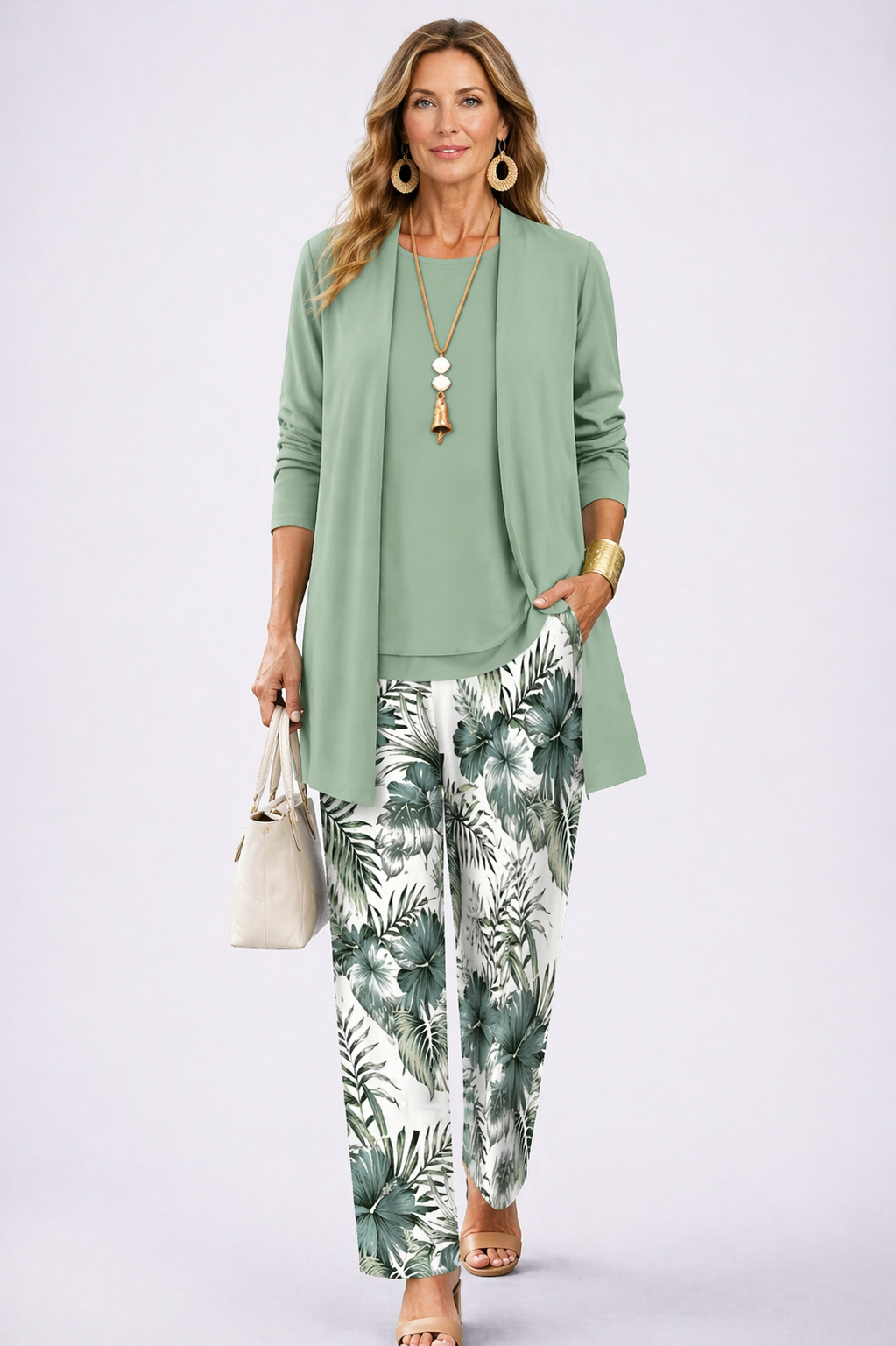Loretta | Light Green Three-Piece with Tropical Trousers, colour Light Green