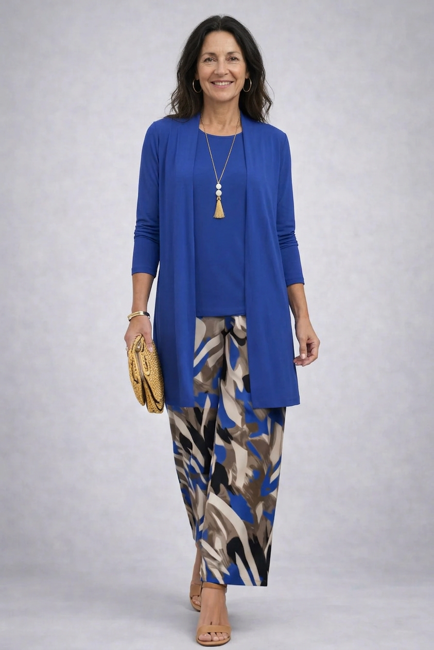 Lorraine | Blue Three-Piece Set with Abstract Trousers