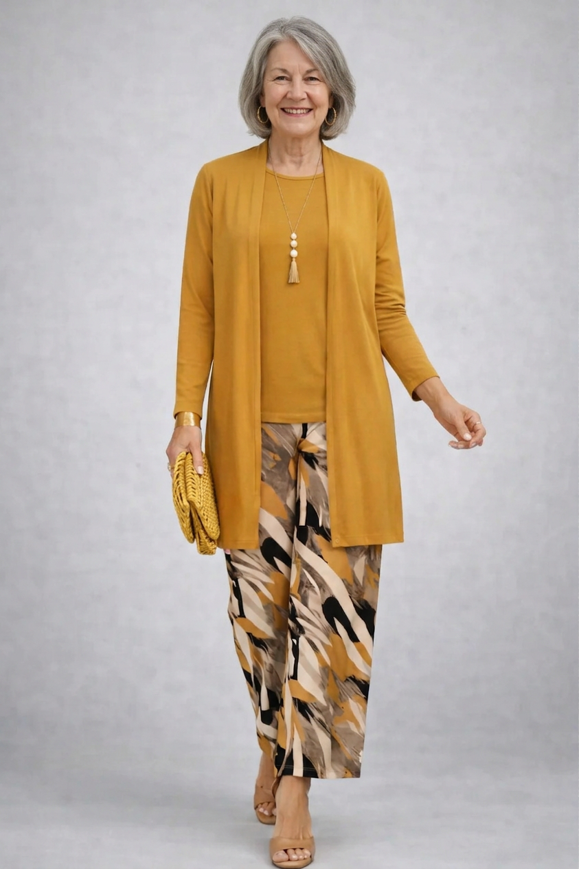 Lucy | Yellow Three-Piece Set with Abstract Trousers, colour Yellow