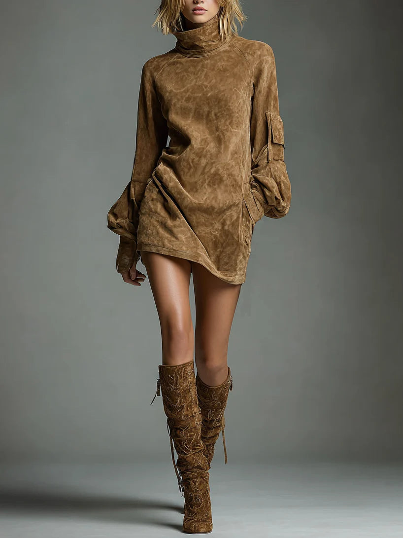 Lynette | Tan Suede-Look Turtleneck Mini Dress
