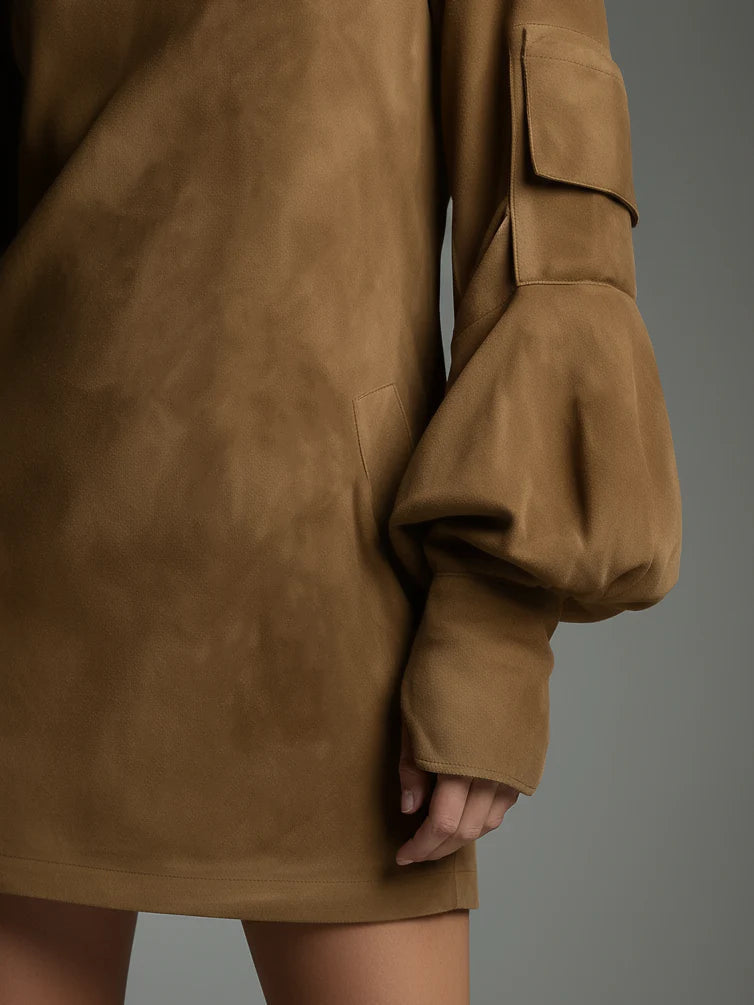 Lynette | Tan Suede-Look Turtleneck Mini Dress, colour Tan