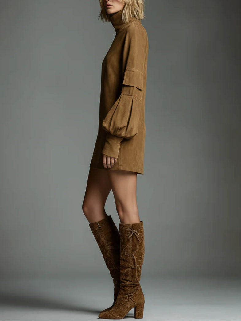 Lynette | Tan Suede-Look Turtleneck Mini Dress, colour Tan