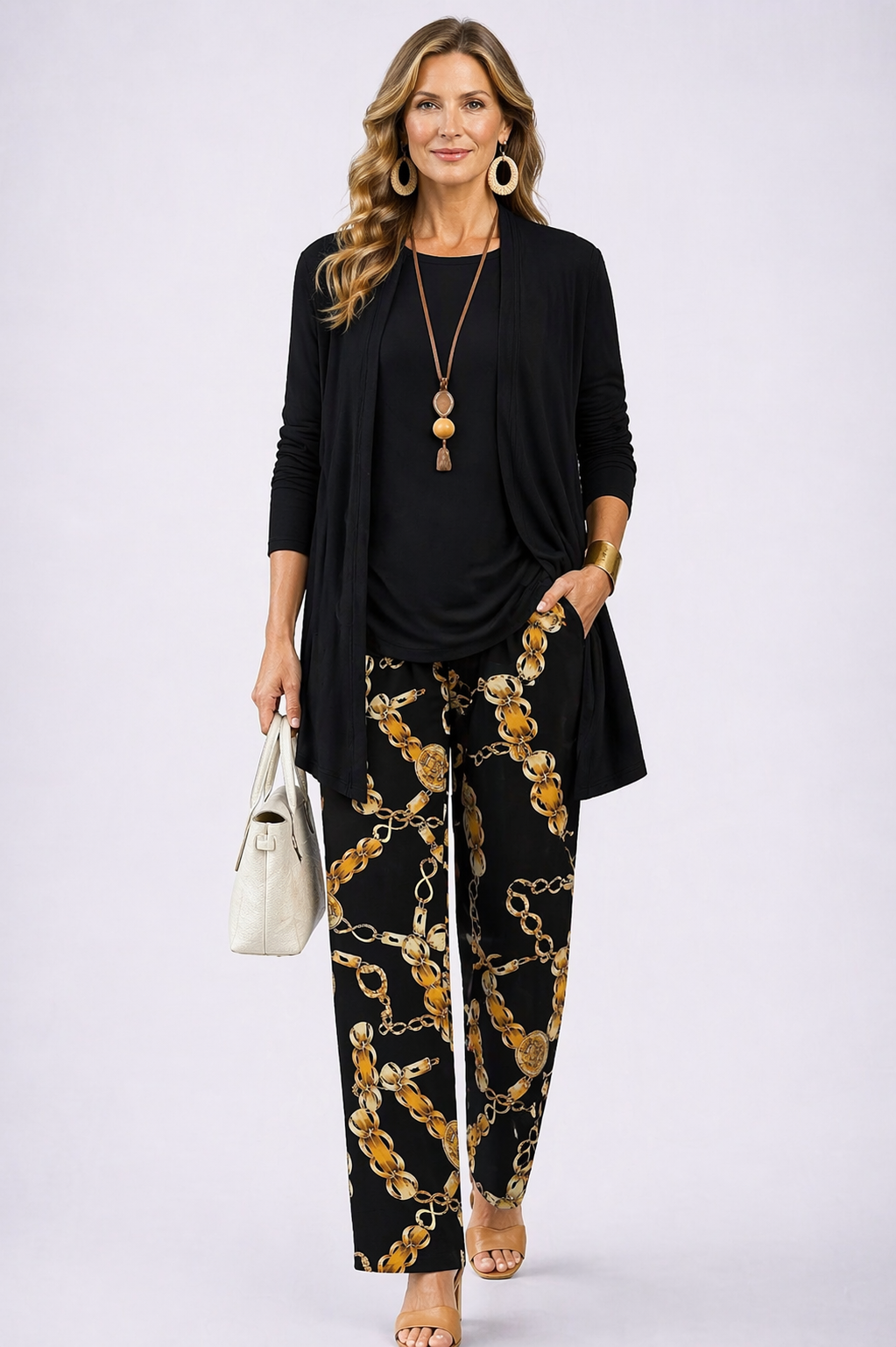 Madeline | Black Three-Piece Set with Chain Trousers, colour Black and Gold