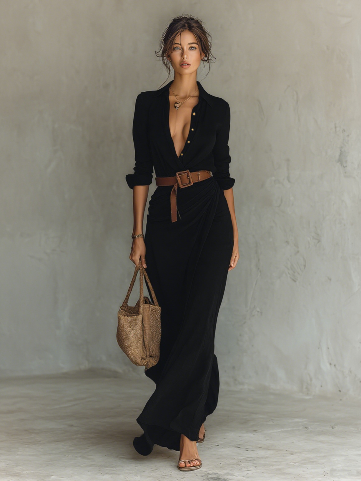 Maeve | Long Sleeve Revere Collar Maxi Dress, colour Black