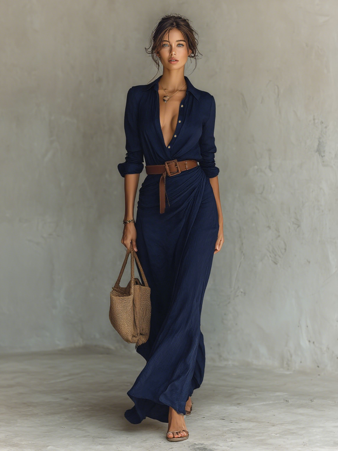 Maeve | Long Sleeve Revere Collar Maxi Dress, colour Navy