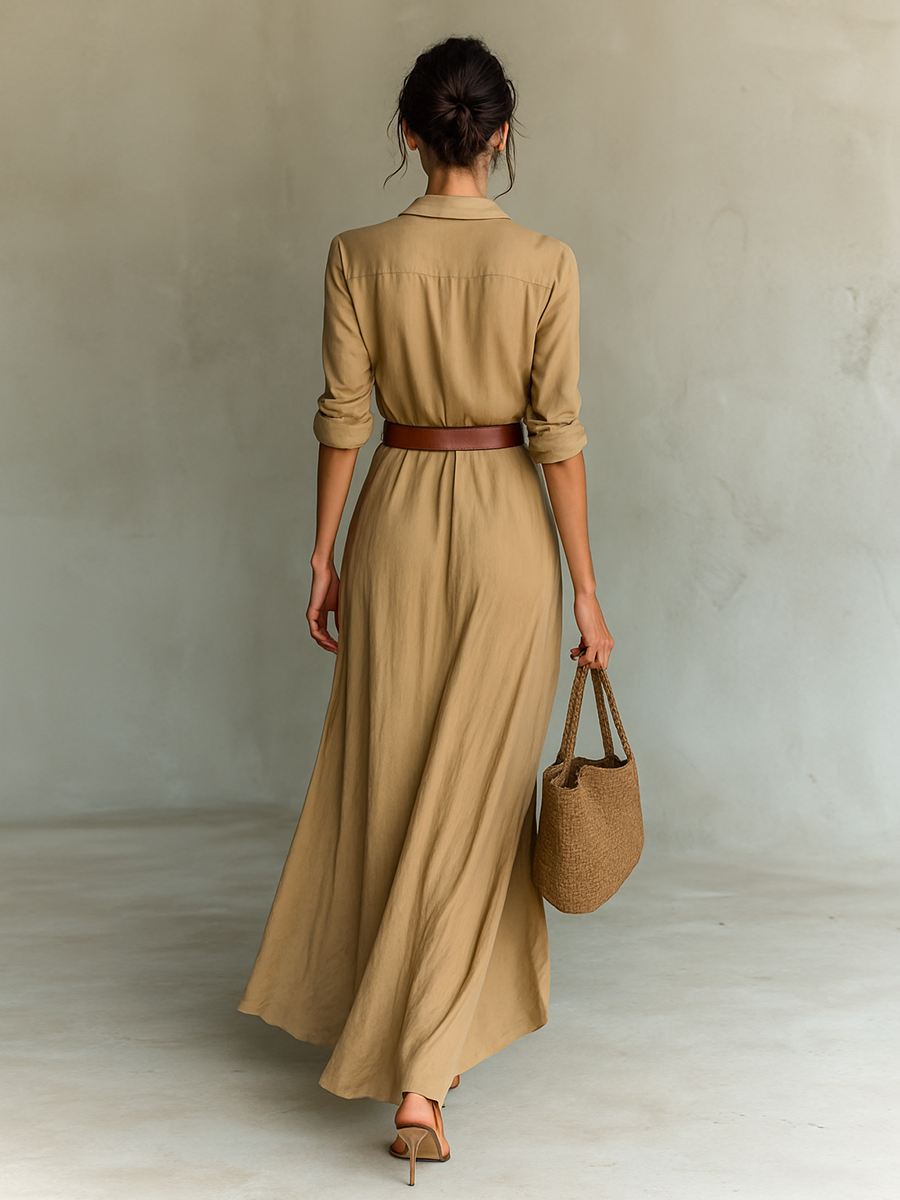 Maeve | Long Sleeve Revere Collar Maxi Dress, colour Sand