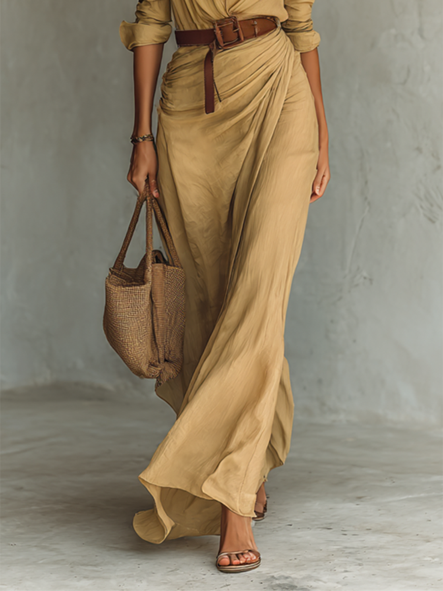 Maeve | Long Sleeve Revere Collar Maxi Dress, colour Sand