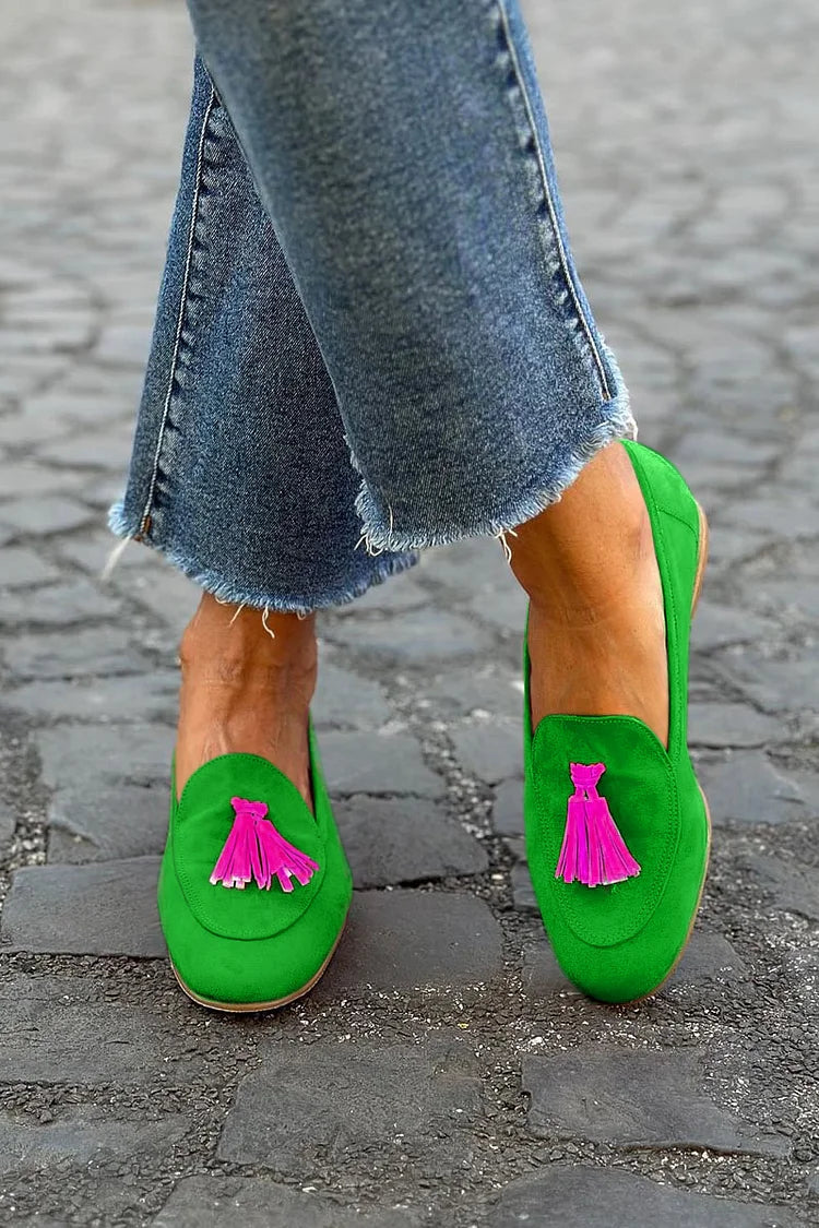 Mandy | Green Suede-Look Tassel Loafers, colour Green