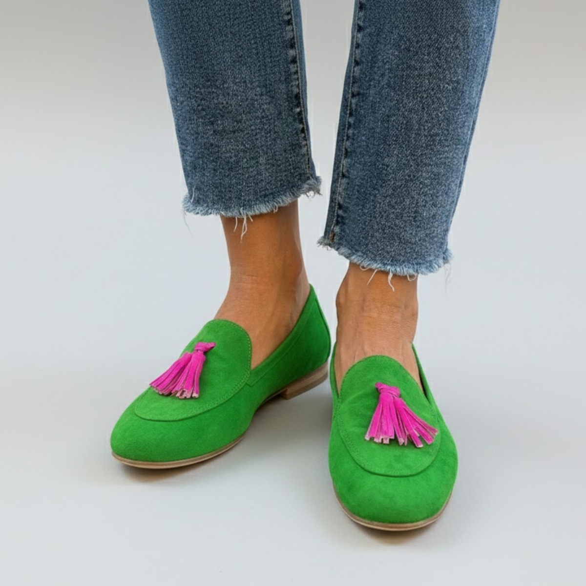 Mandy | Green Suede-Look Tassel Loafers, colour Green