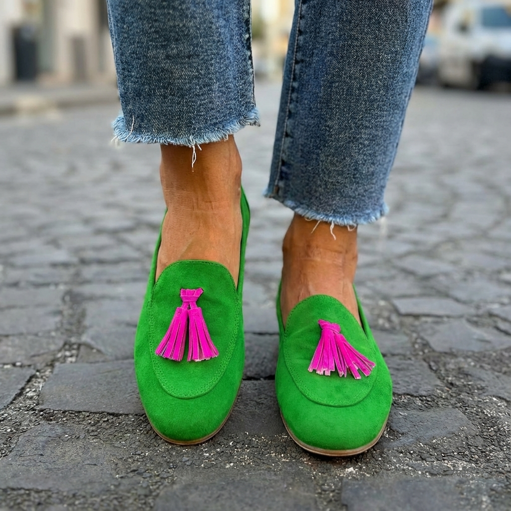 Mandy | Green Suede-Look Tassel Loafers, colour Green
