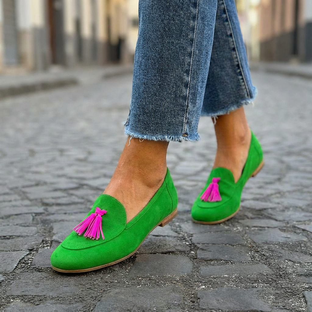 Mandy | Green Suede-Look Tassel Loafers, colour Green