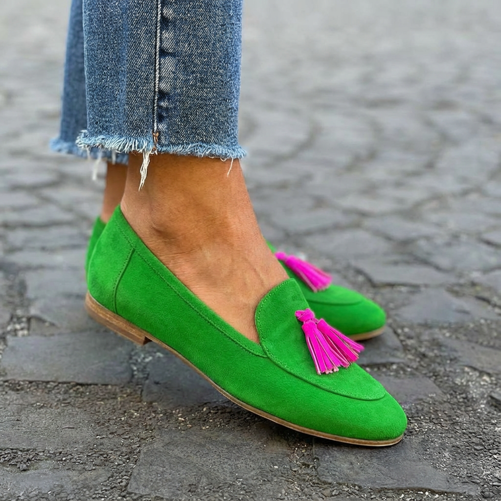 Mandy | Green Suede-Look Tassel Loafers, colour Green