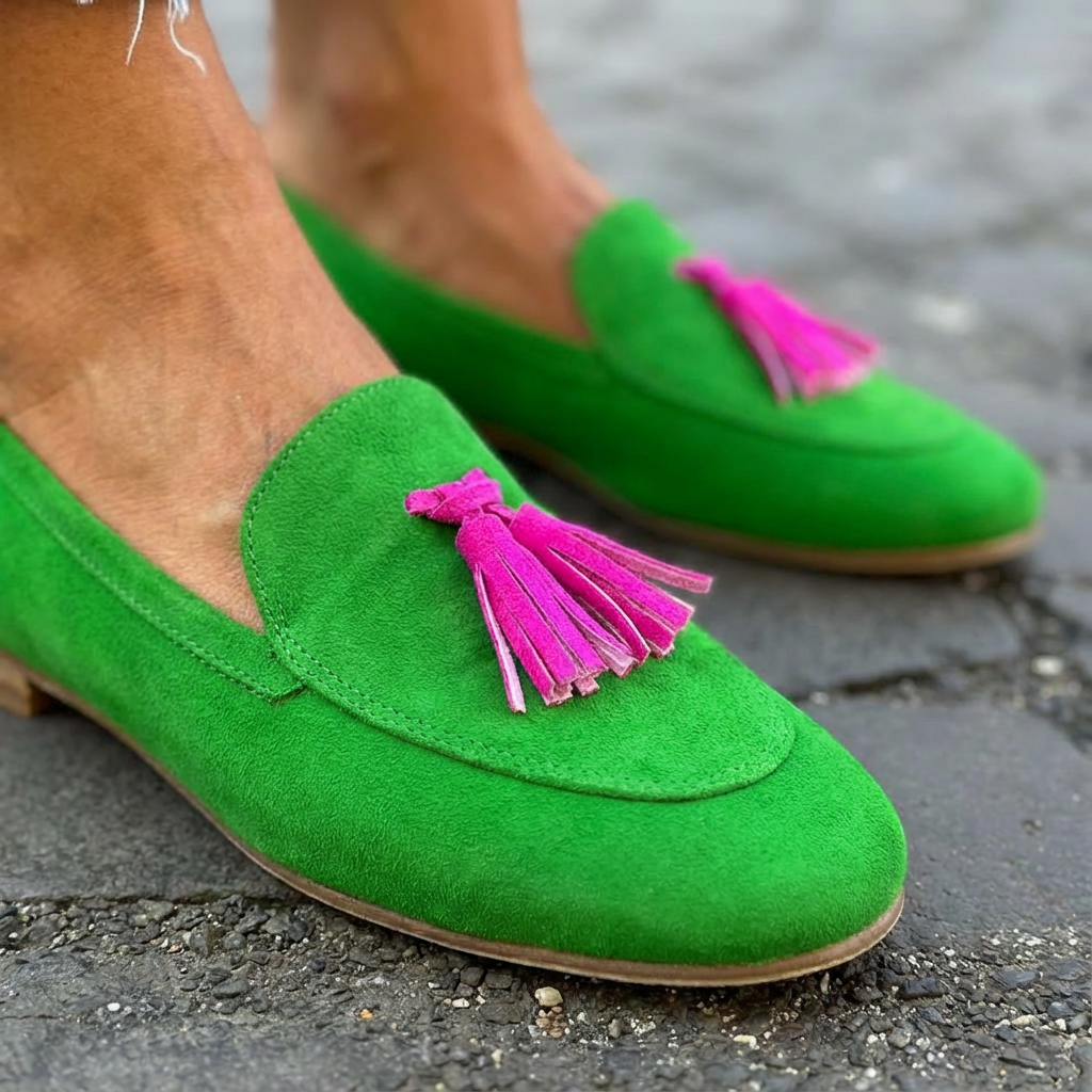 Mandy | Green Suede-Look Tassel Loafers, colour Green