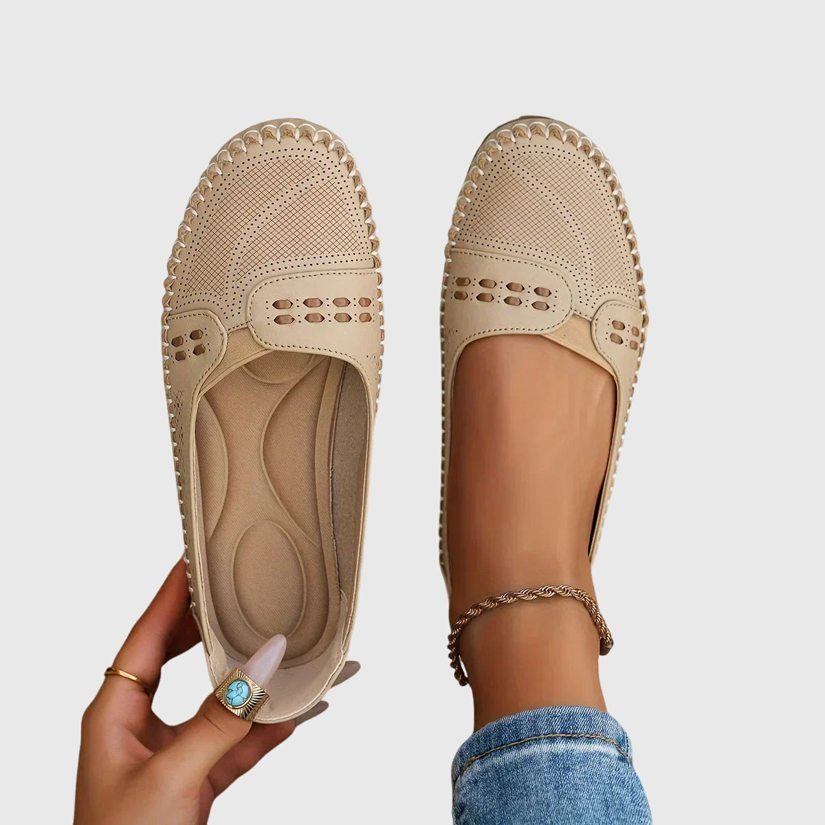 Maple | Perforated Moccasin Flats, colour Beige