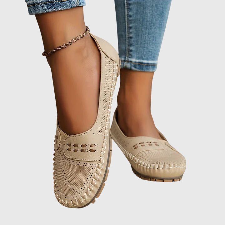 Maple | Perforated Moccasin Flats, colour Beige