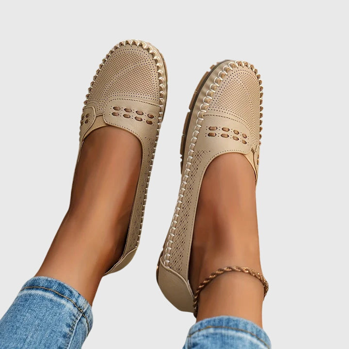 Maple | Perforated Moccasin Flats, colour Beige