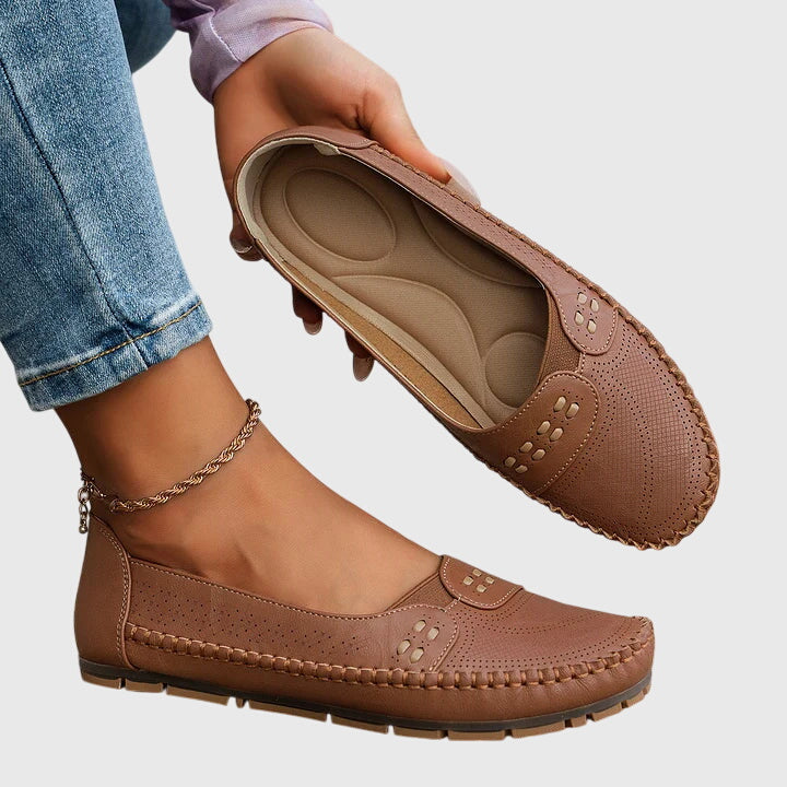 Maple | Perforated Moccasin Flats, colour Brown