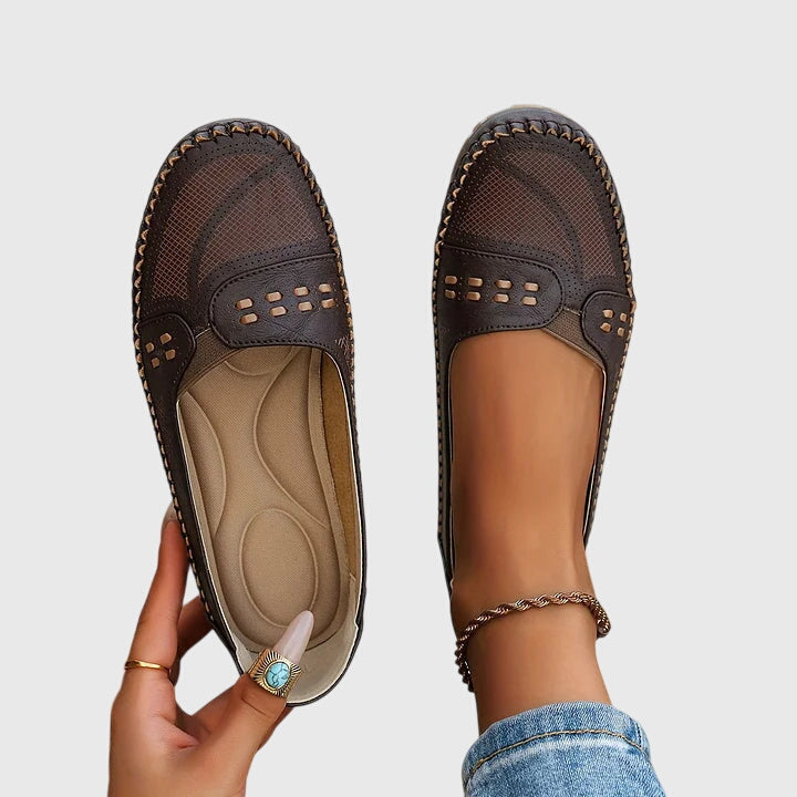 Maple | Perforated Moccasin Flats, colour Coffee