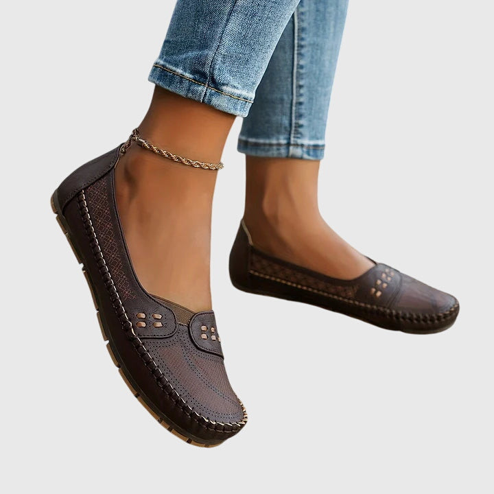 Maple | Perforated Moccasin Flats, colour Coffee