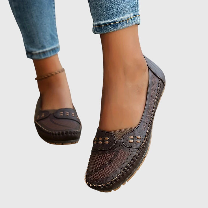Maple | Perforated Moccasin Flats, colour Coffee