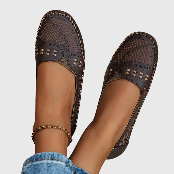 Maple | Perforated Moccasin Flats, colour Coffee