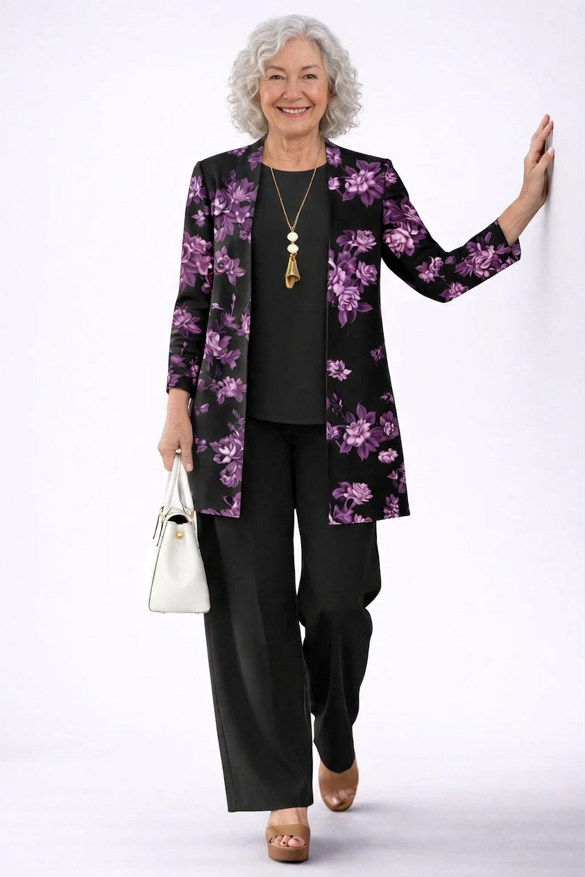 Marian | Black and Purple Floral Three-Piece Set, colour Purple and Black
