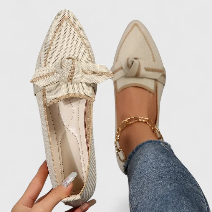 Maricela | Pointed Knit Knot Flats, colour Beige