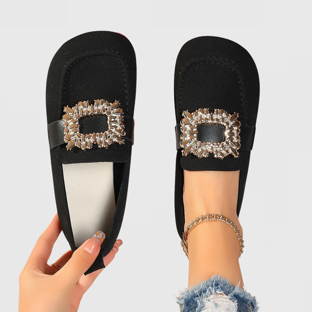Mavis | Jewelled Buckle Soft Loafers, colour Black