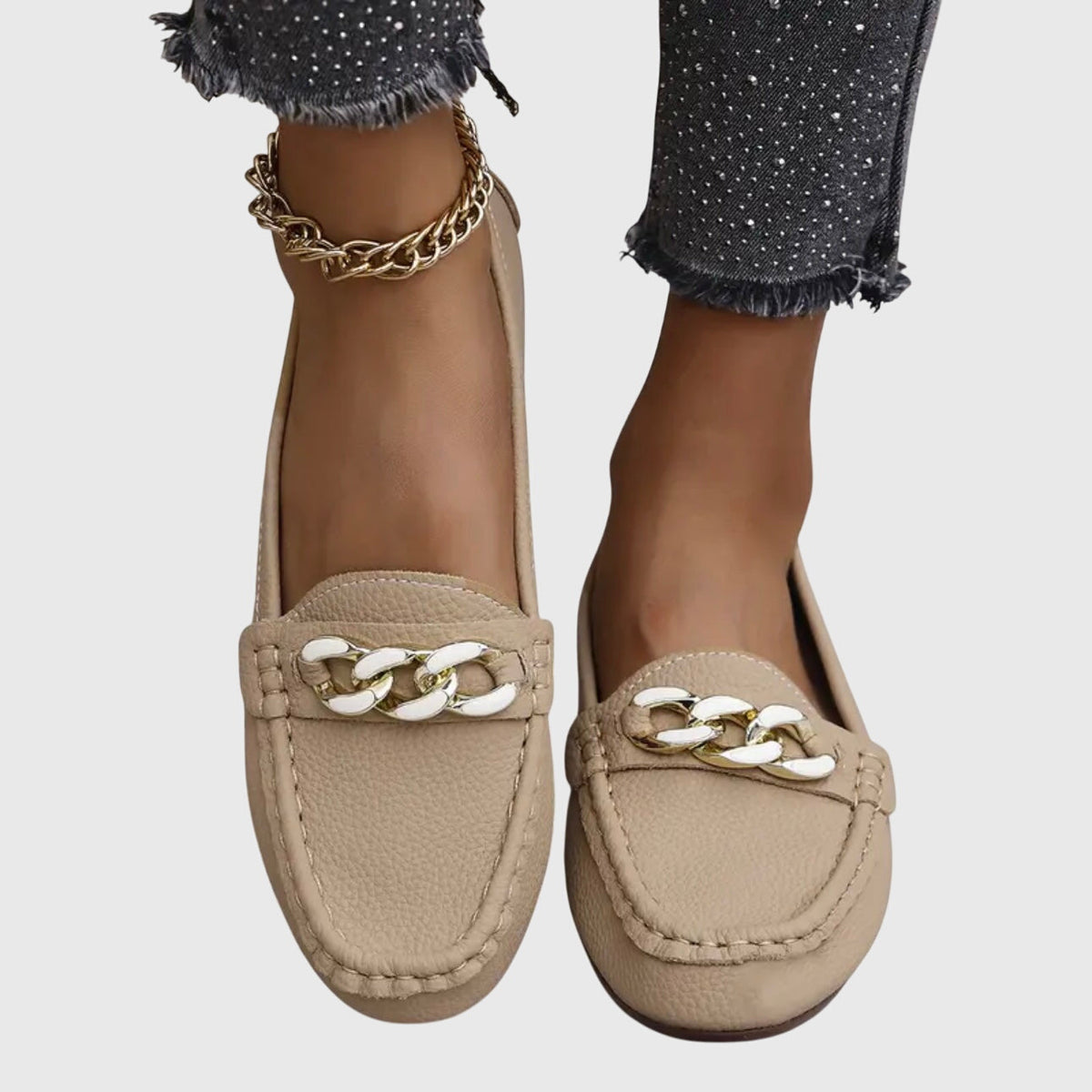 Melissa | Gold Chain Moccasins, colour Beige