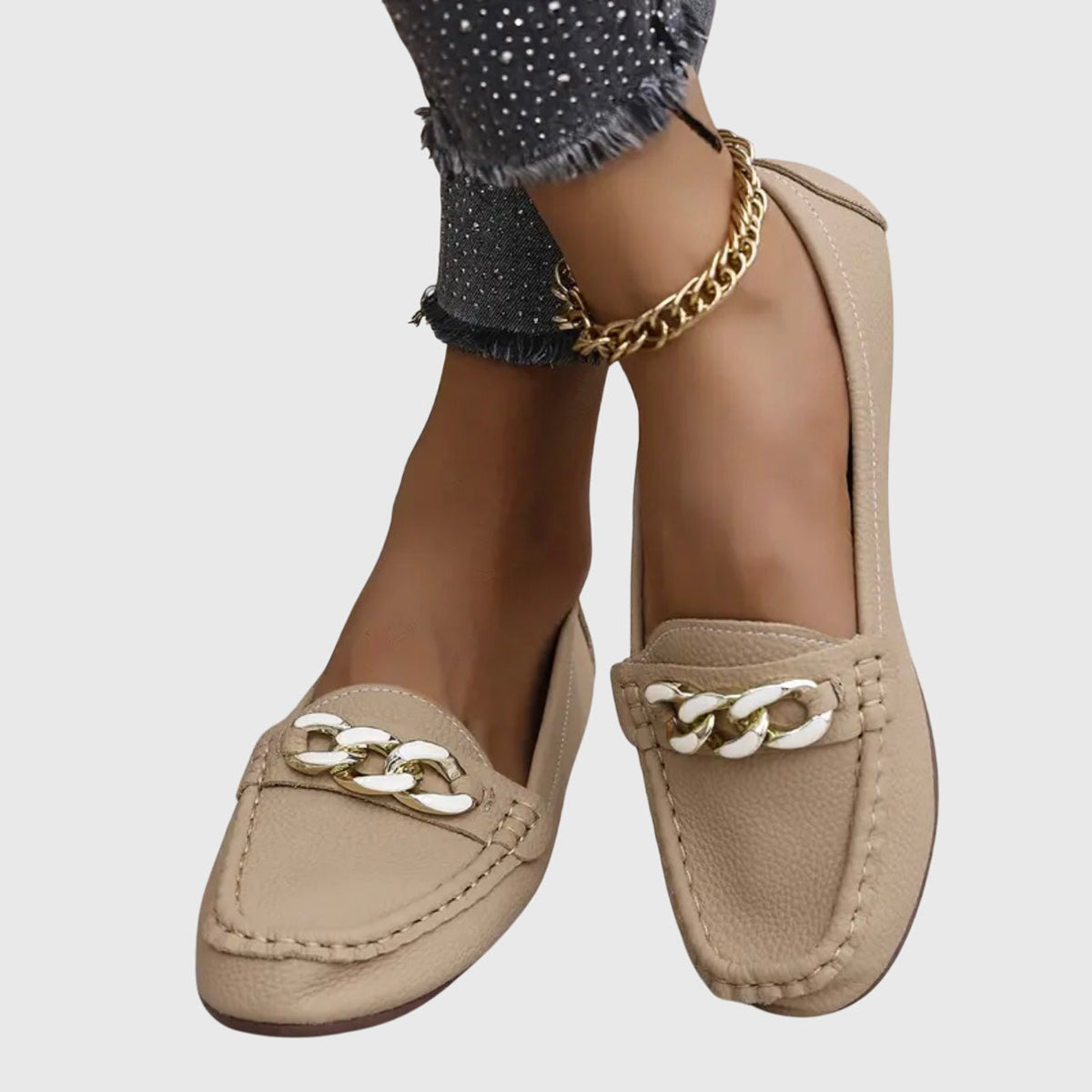 Melissa | Gold Chain Moccasins, colour Beige