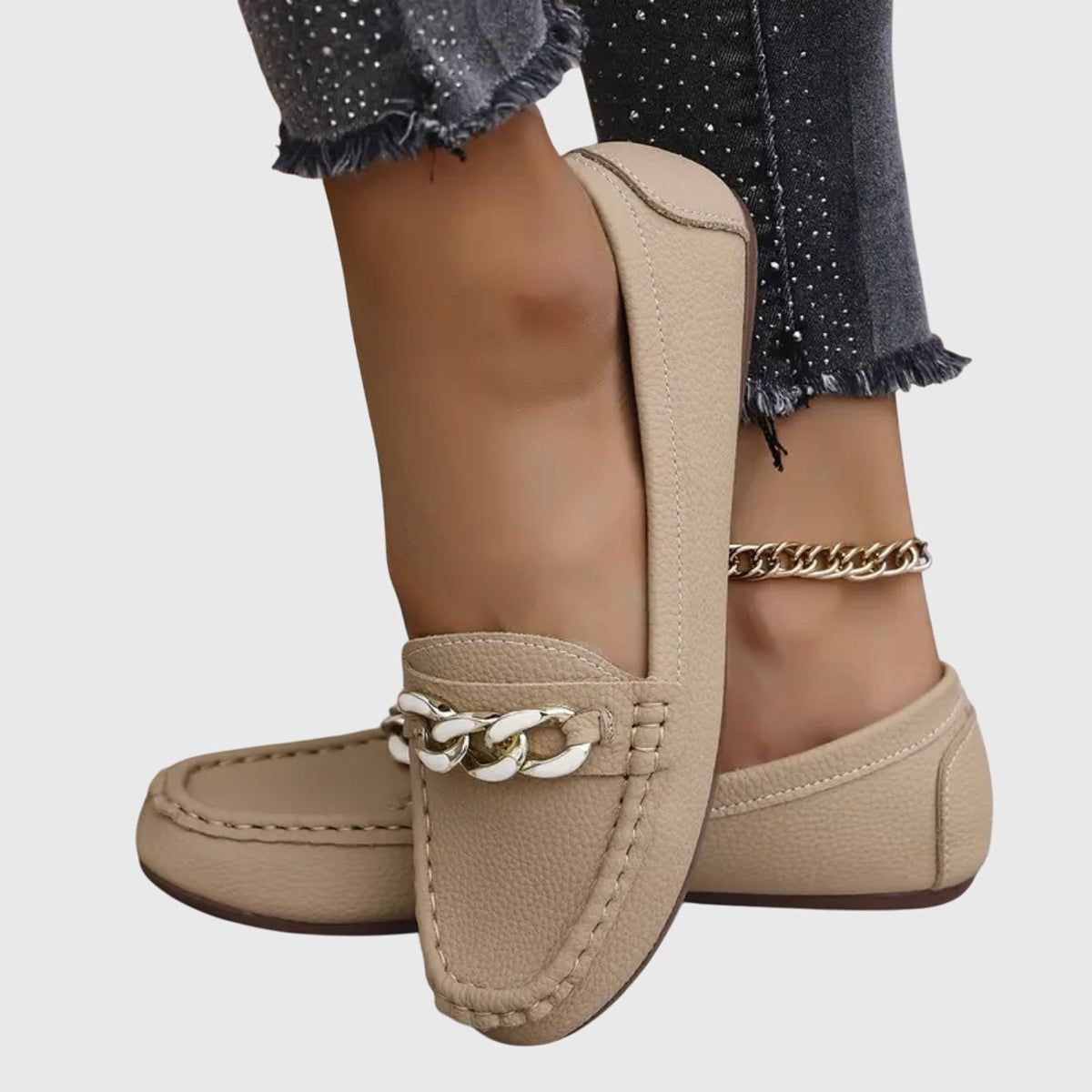 Melissa | Gold Chain Moccasins, colour Beige