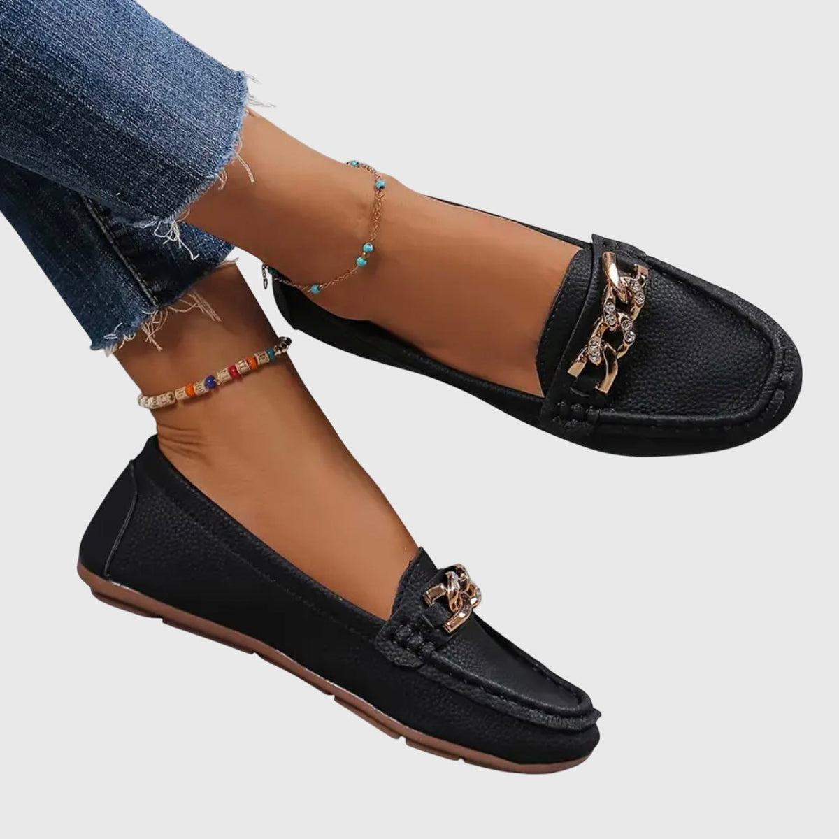 Melissa | Gold Chain Moccasins, colour Black