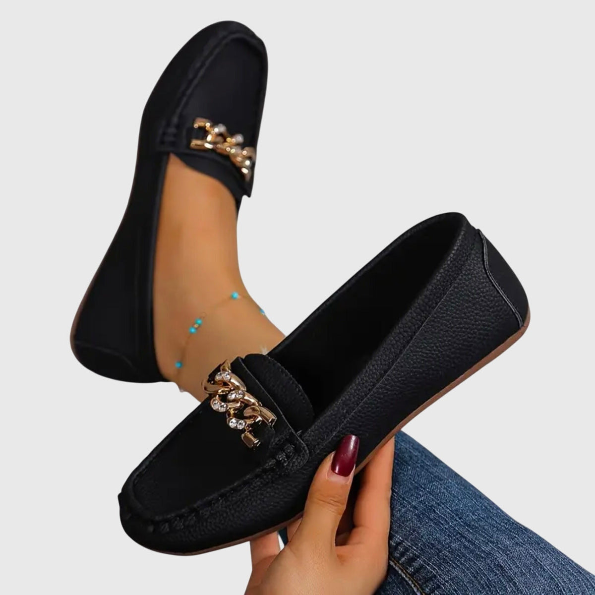 Melissa | Gold Chain Moccasins, colour Black