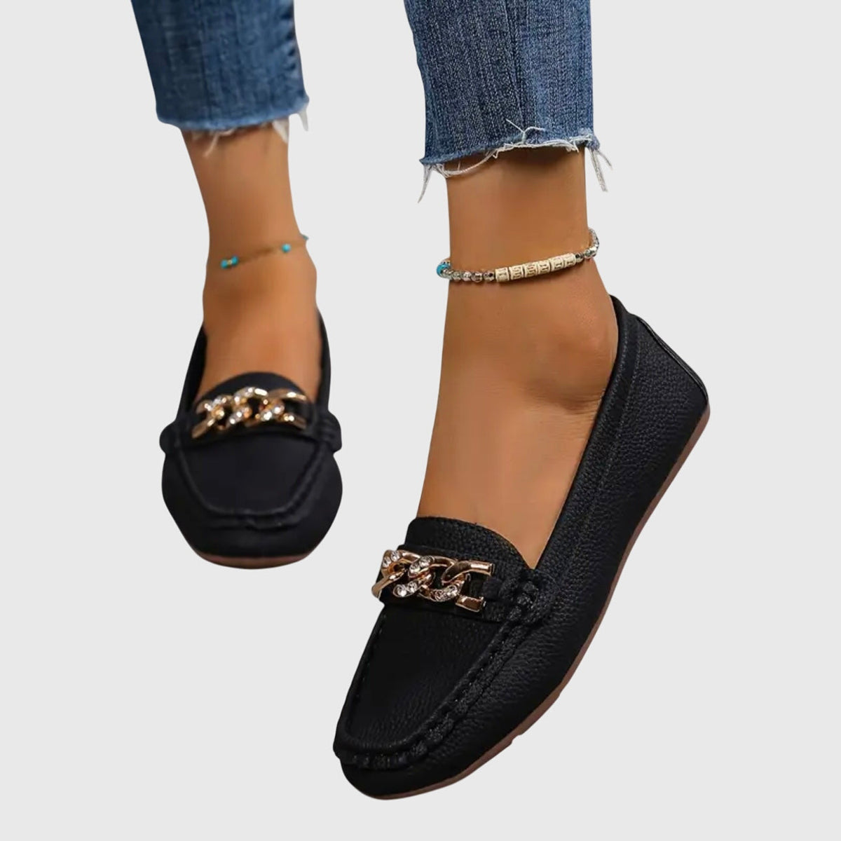 Melissa | Gold Chain Moccasins, colour Black