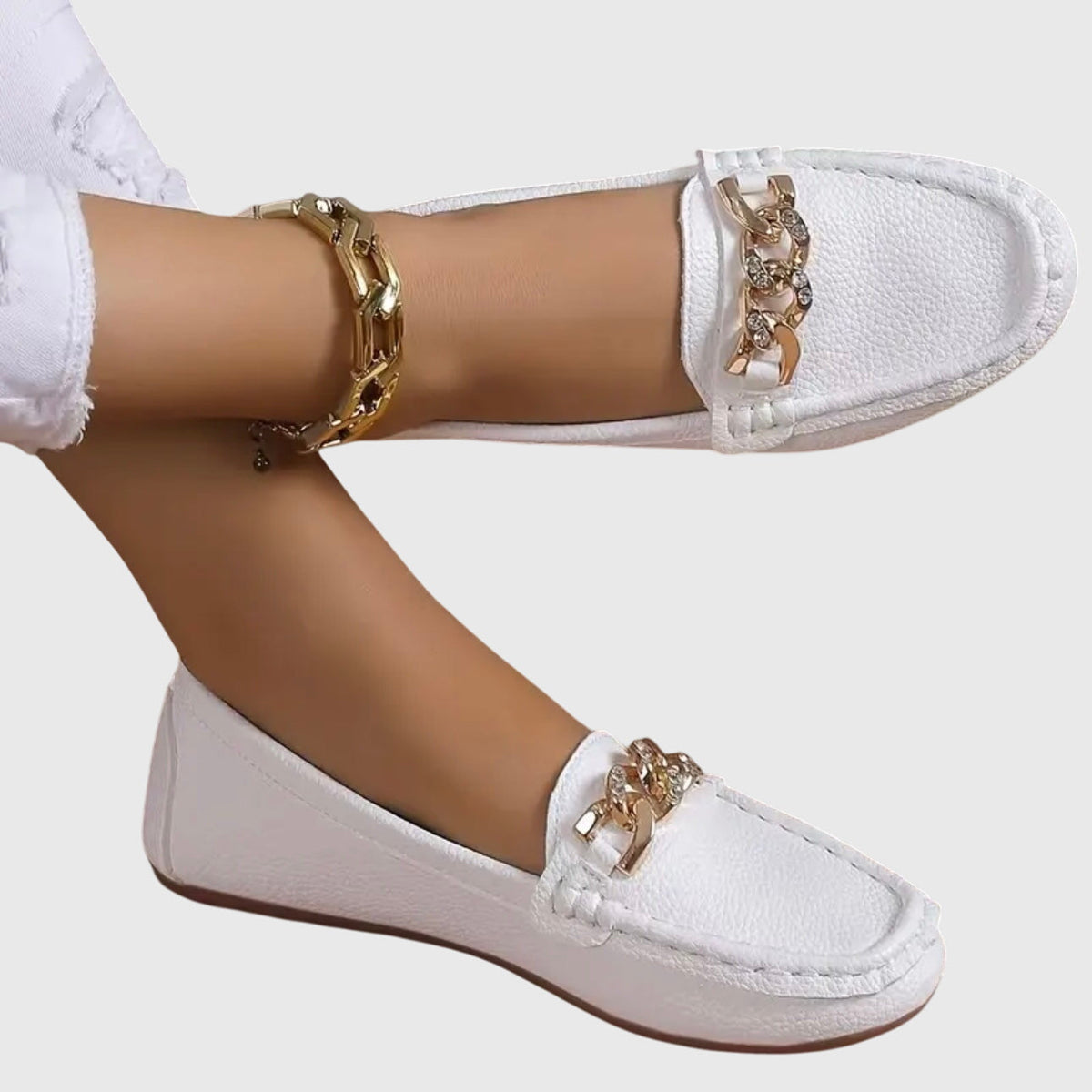Melissa | Gold Chain Moccasins, colour White