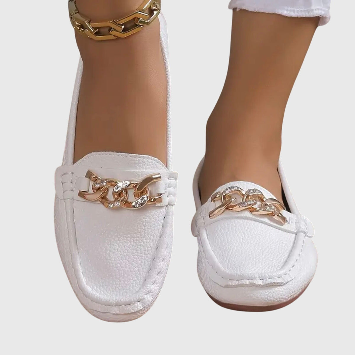 Melissa | Gold Chain Moccasins, colour White