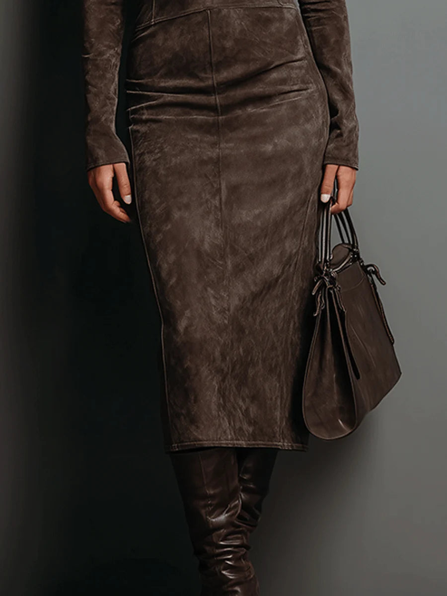 Meredith | Suede-Look High Neck Midi Dress, colour Brown