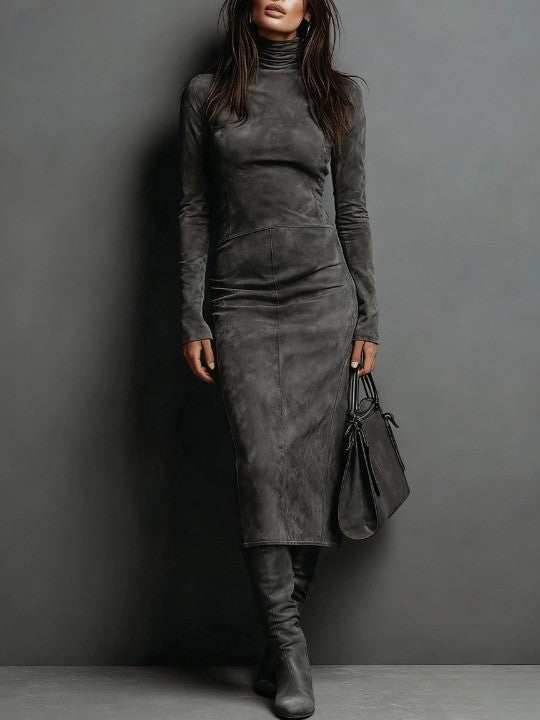 Meredith | Suede-Look High Neck Midi Dress, colour Dark Grey