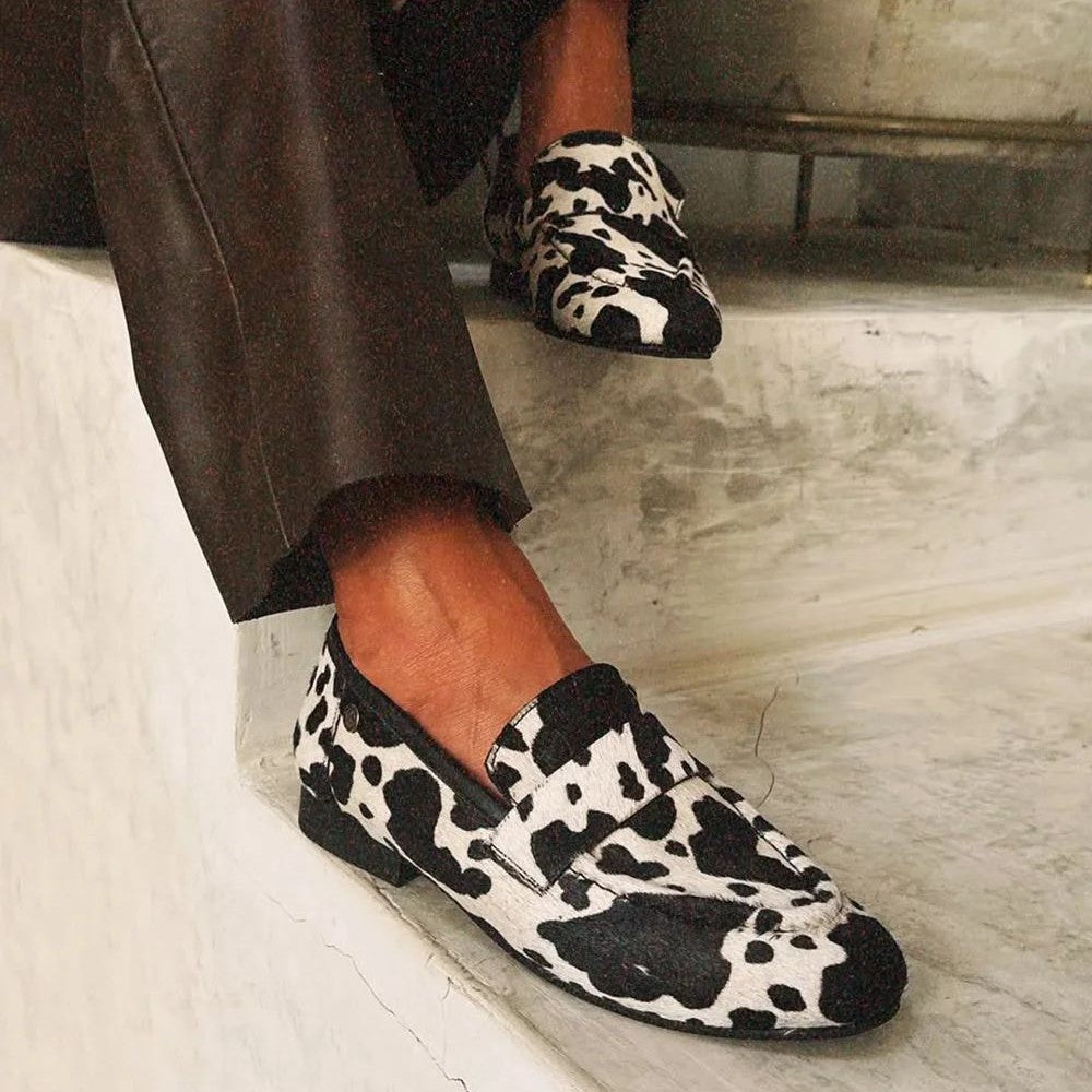 Mila | Cow Print Round-Toe Loafers, colour Black and White