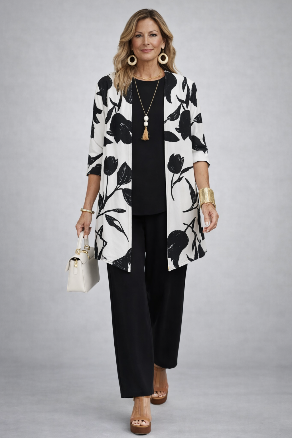 Mildred | Black Tulip Print Three-Piece Set, colour Black and White
