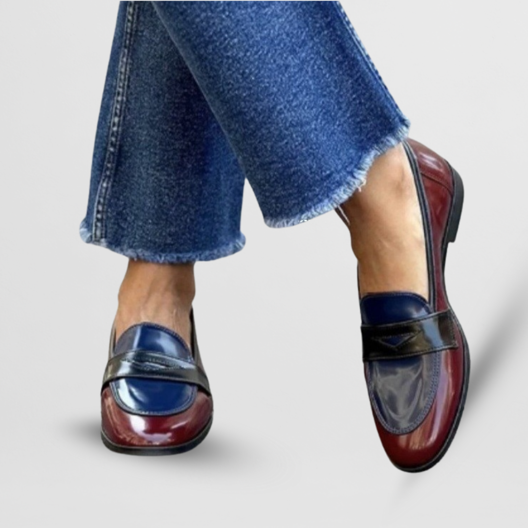 Minerva | Two-Tone Patent Penny Loafers, colour Burgundy Navy