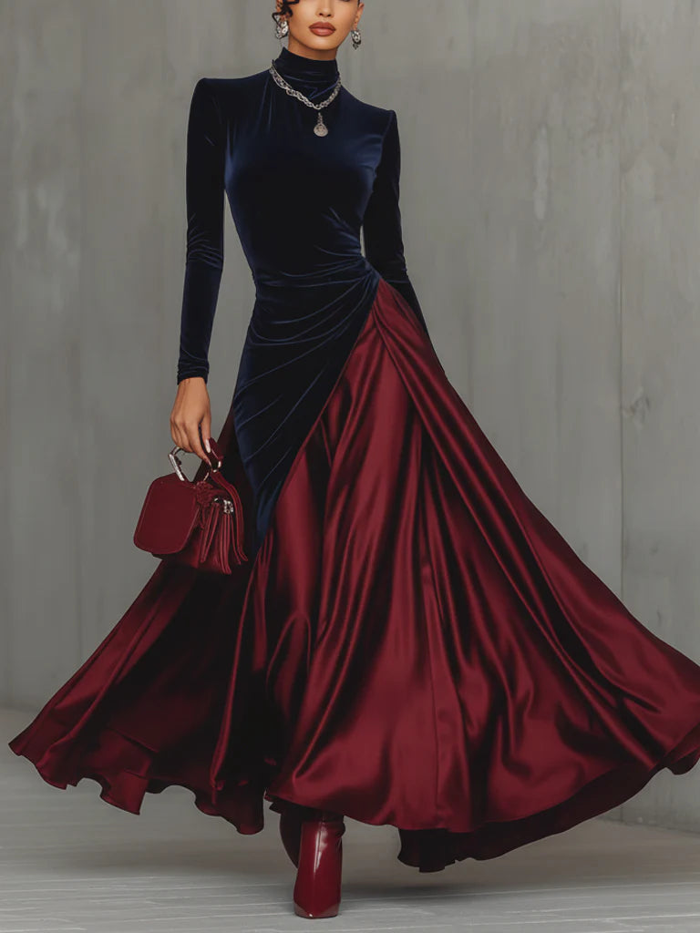 Mirabel | Navy Velvet and Satin Maxi Dress, colour Navy and Burgundy