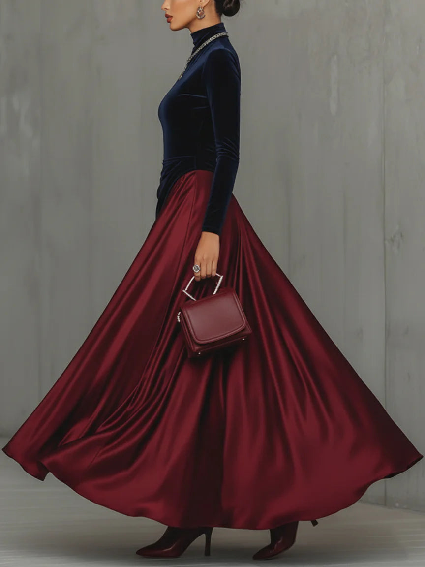 Mirabel | Navy Velvet and Satin Maxi Dress, colour Navy and Burgundy