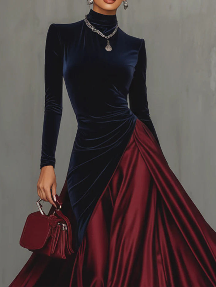 Mirabel | Navy Velvet and Satin Maxi Dress, colour Navy and Burgundy