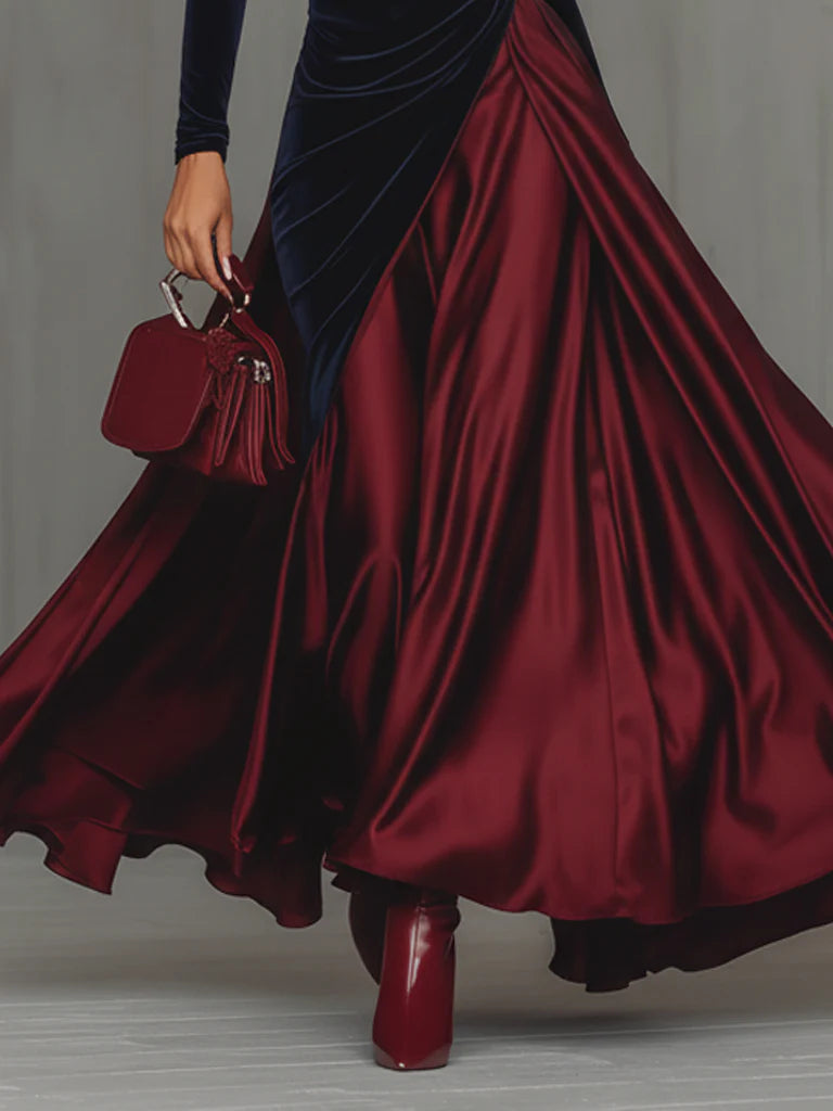 Mirabel | Navy Velvet and Satin Maxi Dress, colour Navy and Burgundy