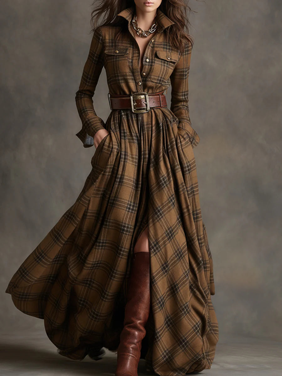 Miranda | Belted Check Maxi Shirt Dress, colour Brown Check