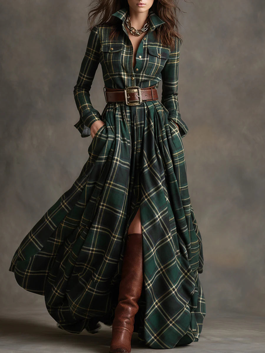 Miranda | Belted Check Maxi Shirt Dress, colour Green Check