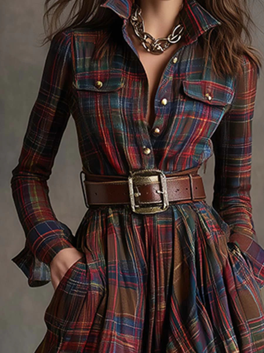 Miranda | Belted Check Maxi Shirt Dress, colour Red Check