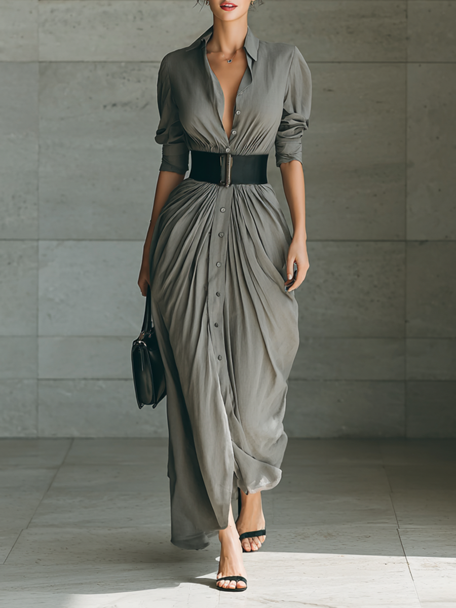 Moira | Grey Pleated Belted Maxi Shirt Dress