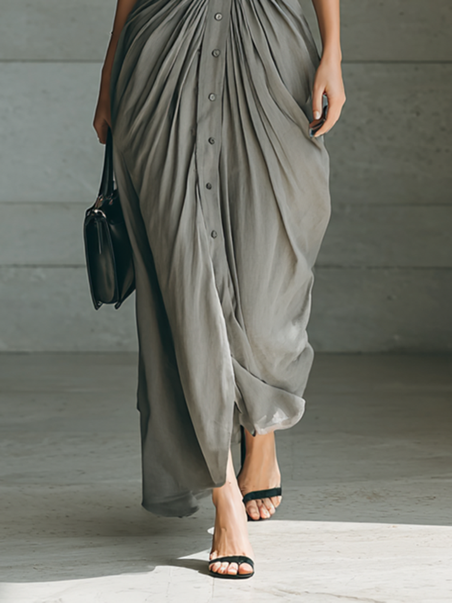 Moira | Grey Pleated Belted Maxi Shirt Dress, colour Grey
